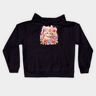 A cat decorated with beautiful watercolor flowers. Kids Hoodie